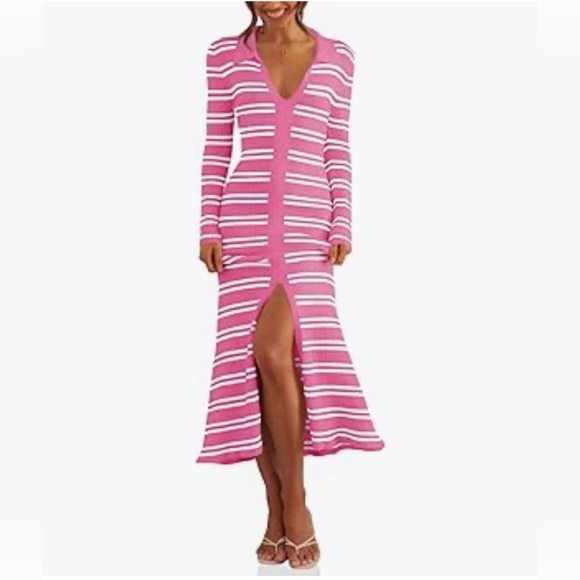 NEW Womens Striped Sweater Dress V Neck Collared Long Sleeve Color Block Bodycon - Picture 4 of 10